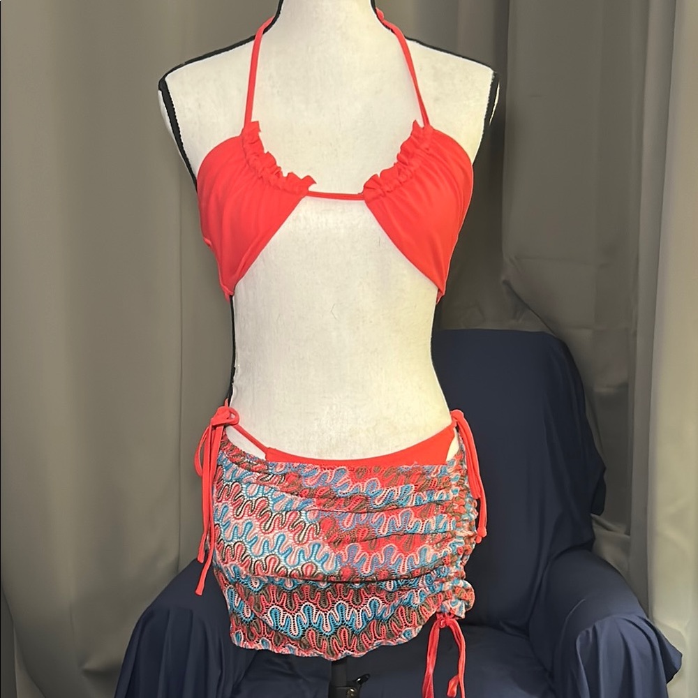 Orange Halter Bikini with Sheer Sarong